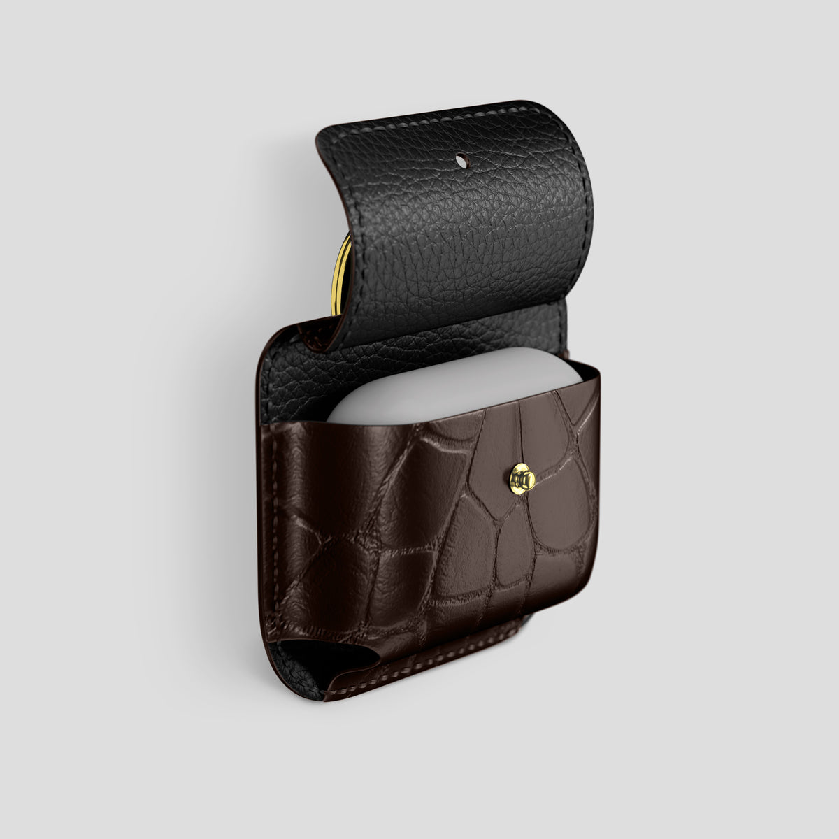 Dark-Brown AirPods (4th gen) Pouch In Alligator with Gold Metal -3 | Dark-Brown-Gold