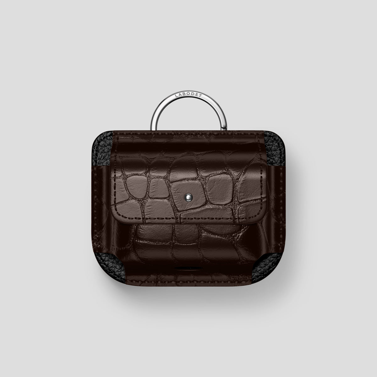 Dark-Brown AirPods (4th gen) Pouch In Alligator with Steel Metal -1 | Dark-Brown-Steel