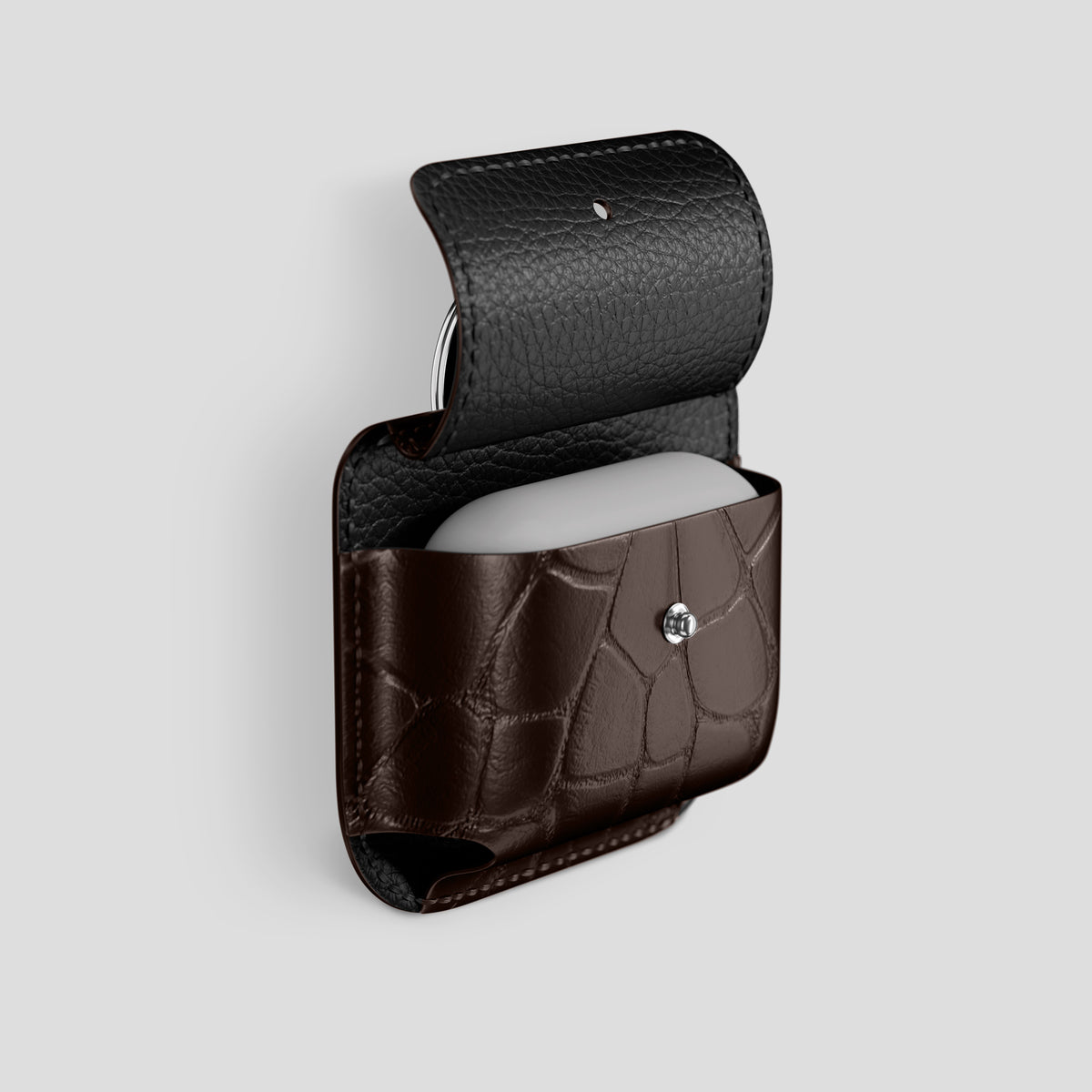 Dark-Brown AirPods (4th gen) Pouch In Alligator with Steel Metal -3 | Dark-Brown-Steel