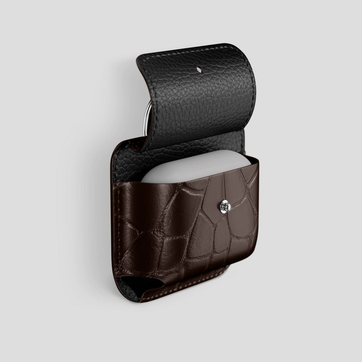 Dark Brown AirPods Pro (2nd gen) Pouch Alligator with Steel Metal -3 | Dark-Brown-Steel