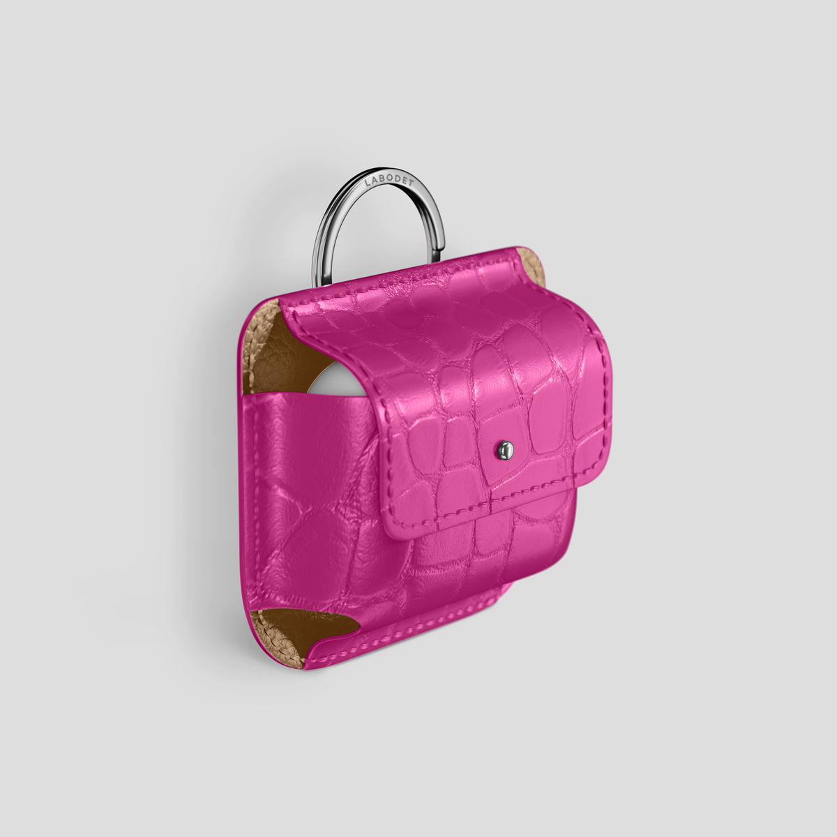 Fuchsia AirPods (4th gen) Pouch In Alligator with Steel Metal -2 | Fuchsia-Steel
