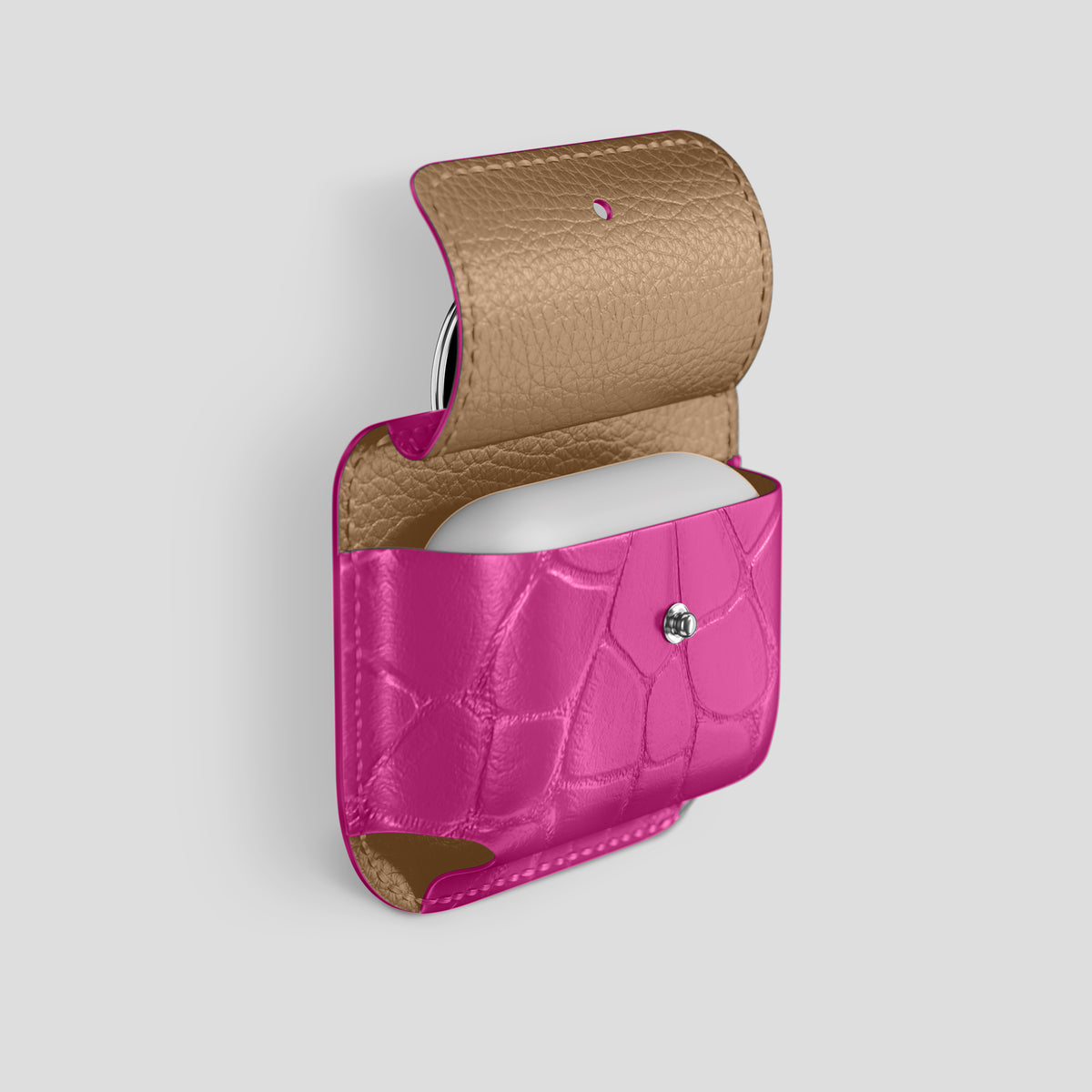 Fuchsia AirPods (4th gen) Pouch In Alligator with Steel Metal -3 | Fuchsia-Steel