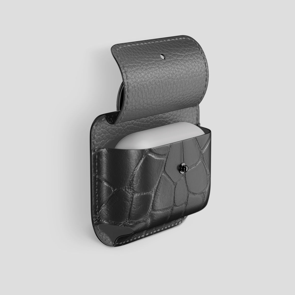 Grey AirPods (4th gen) Pouch In Alligator with Black Metal -3 | Grey-Black