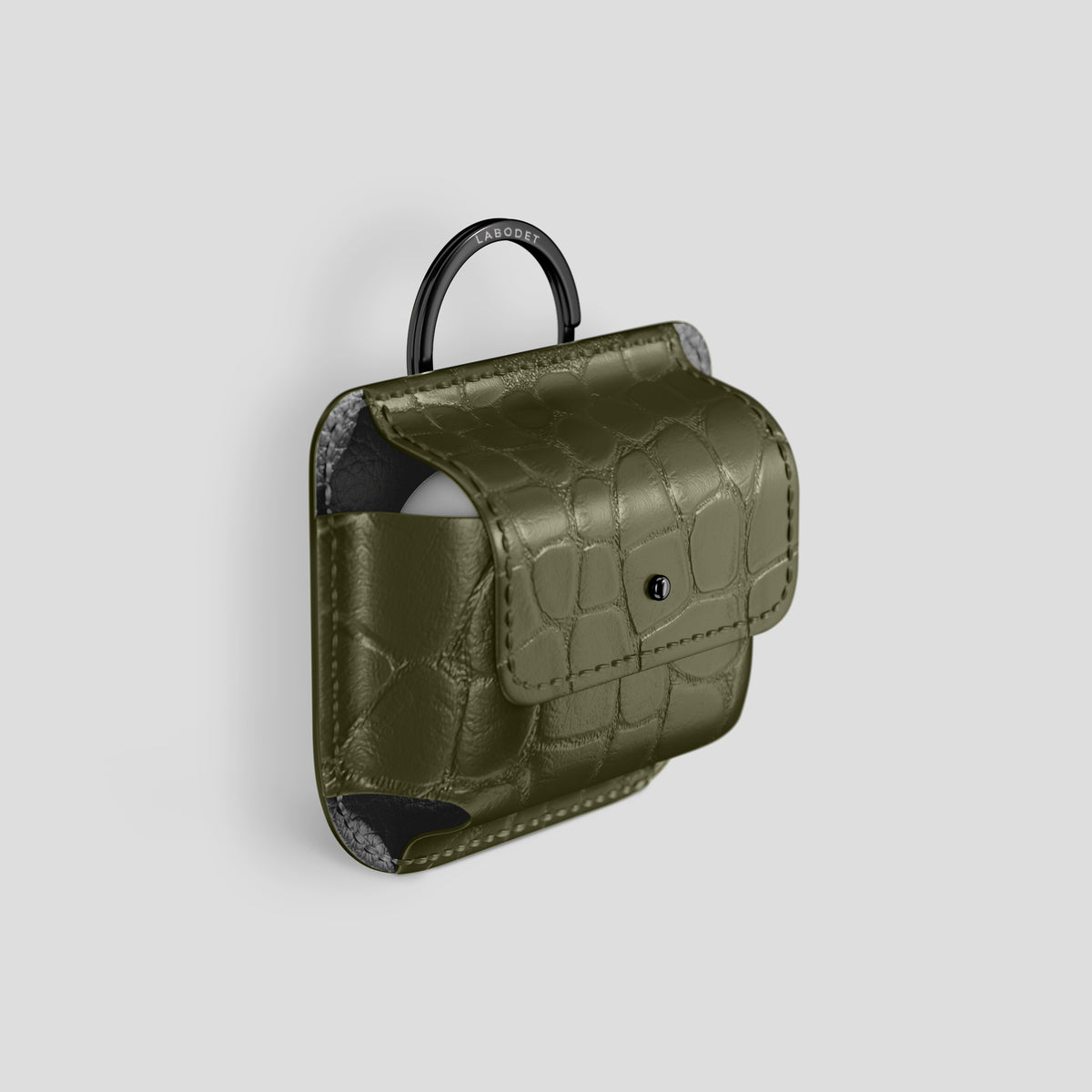 Kaki-Green AirPods (4th gen) Pouch In Alligator with Black Metal -2 | Kaki-Green-Black