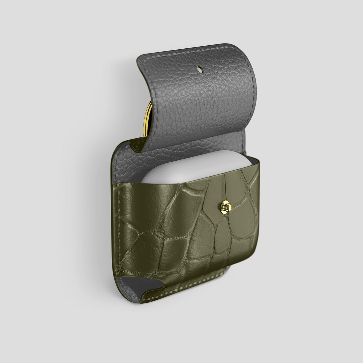 Kaki-Green AirPods (4th gen) Pouch In Alligator with Gold Metal -3 | Kaki-Green-Gold