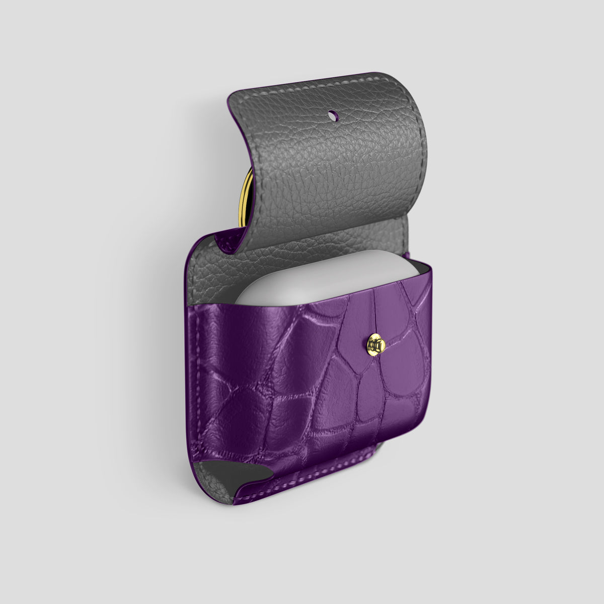 Purple AirPods (4th gen) Pouch In Alligator with Gold Metal -3 | Purple-Gold