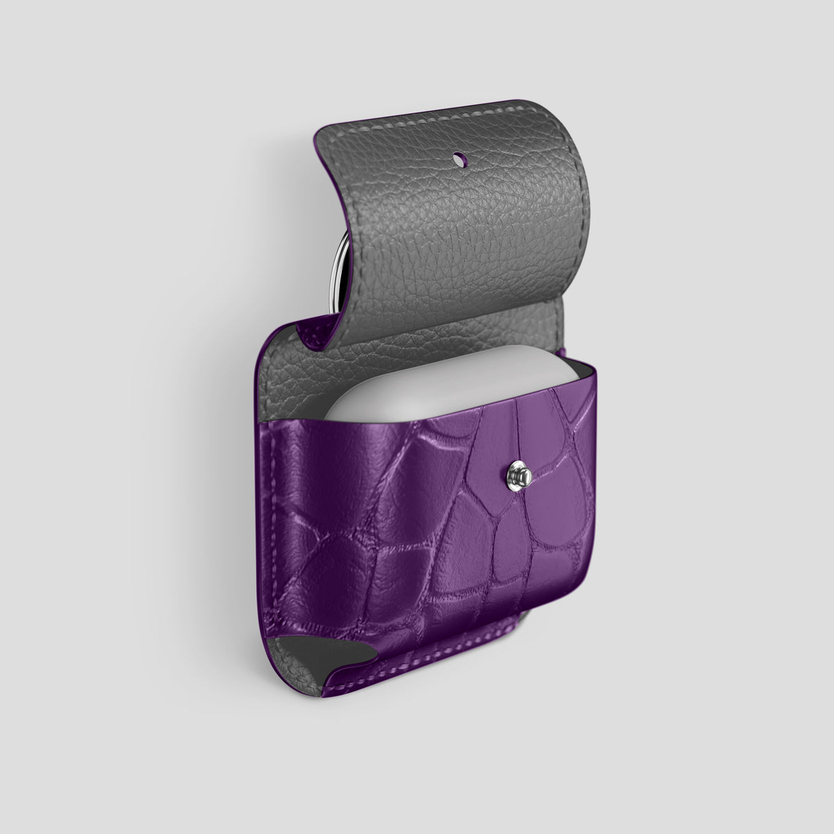 Purple AirPods (4th gen) Pouch In Alligator with Steel Metal -3 | Purple-Steel