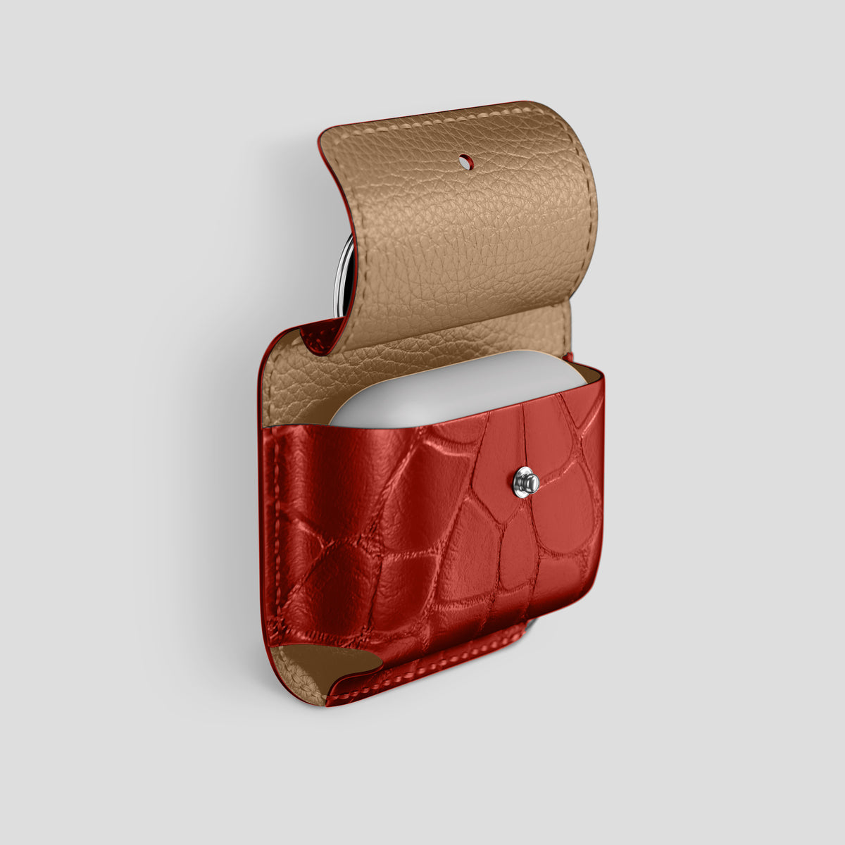 Red AirPods (4th gen) Pouch In Alligator with Steel Metal -3 | Red-Steel