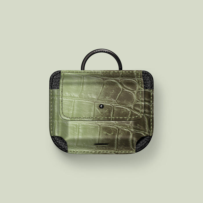 Pouch Celadon Green For AirPods Pro In Himalayan Crocodile with Black Metal -1 | Celadon-Green-Black