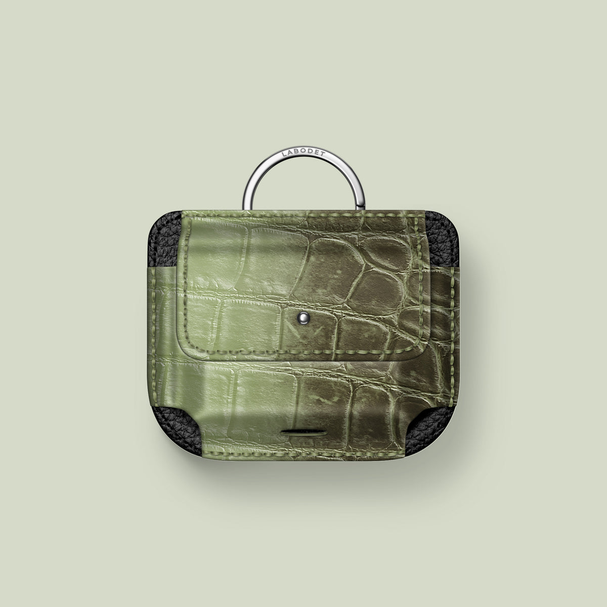 Pouch Celadon Green For AirPods Pro In Himalayan Crocodile with Steel Metal -1 | Celadon-Green-Steel
