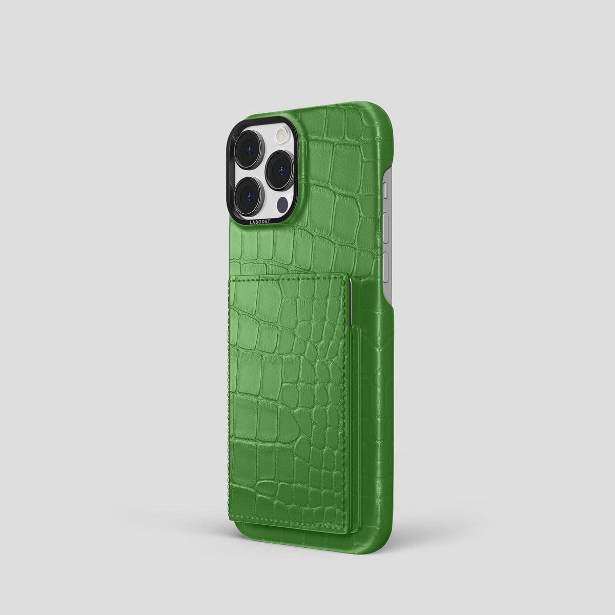 Apple-Green iPhone 15 Pro Bi-Fold Case Alligator with Black Metal -1 | Apple-Green-Black