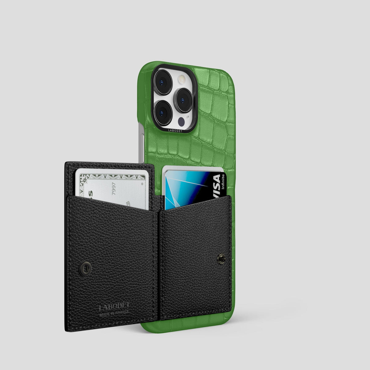 Apple-Green iPhone 15 Pro Bi-Fold Case Alligator with Black Metal -3 | Apple-Green-Black