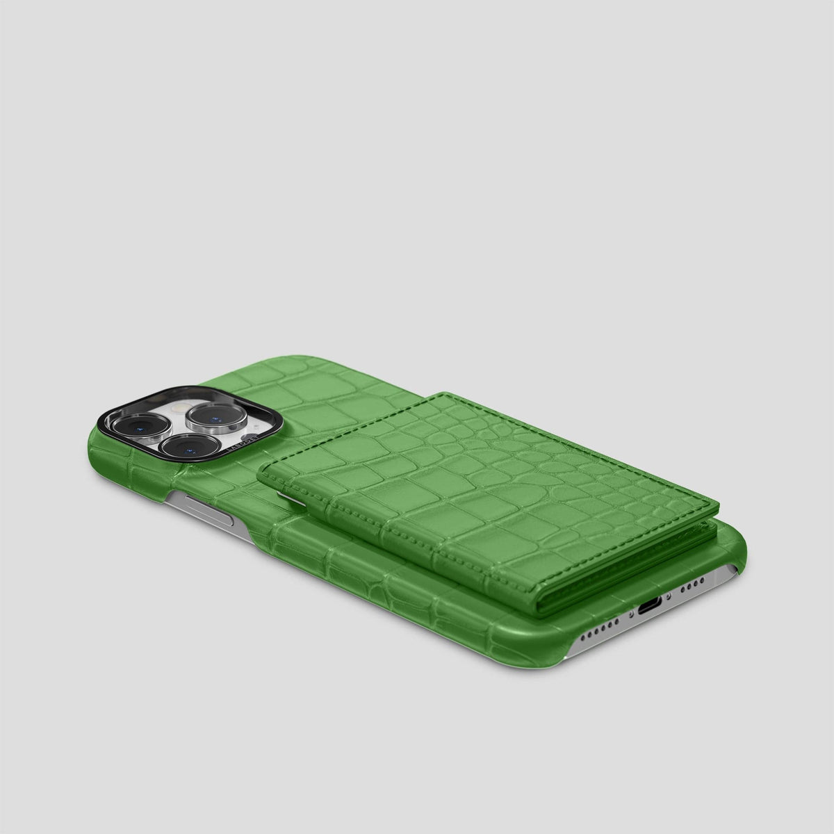 Apple-Green iPhone 15 Pro Bi-Fold Case Alligator with Black Metal -4 | Apple-Green-Black
