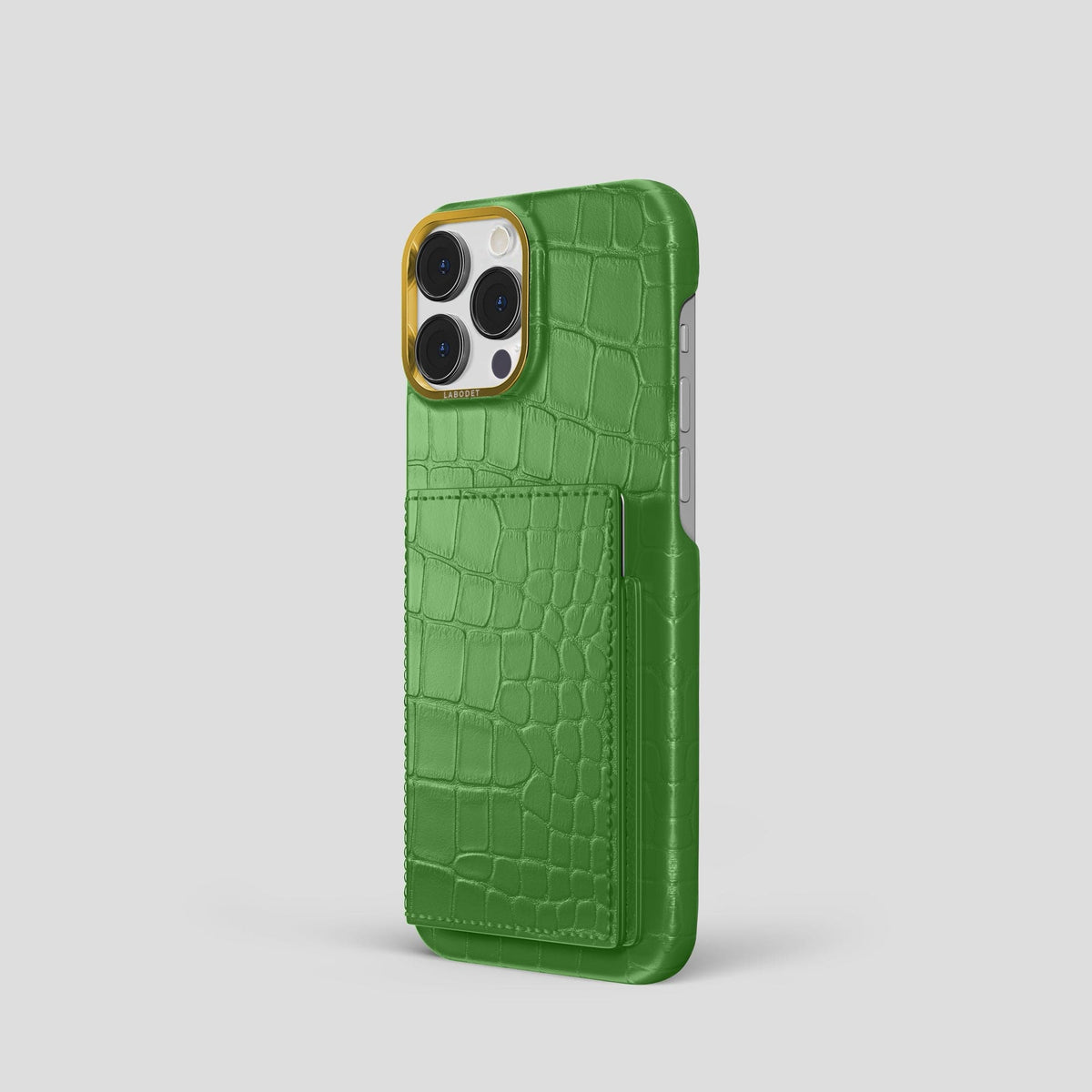 Apple-Green iPhone 15 Pro Bi-Fold Case Alligator with Gold Metal -1 | Apple-Green-Gold