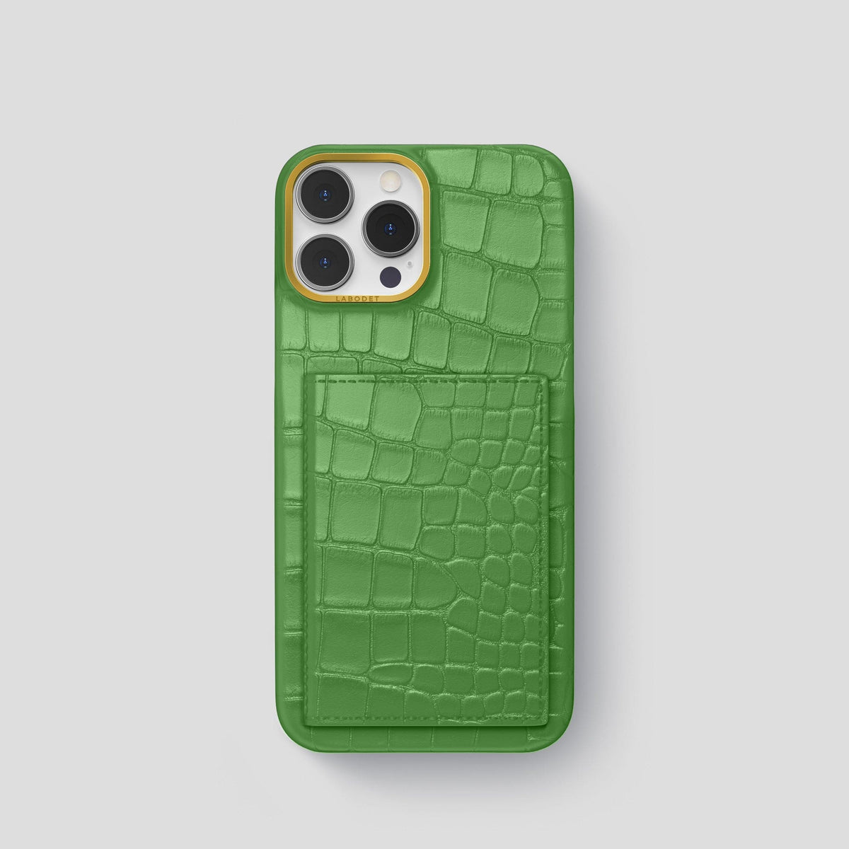 Apple-Green iPhone 15 Pro Bi-Fold Case Alligator with Gold Metal -2 | Apple-Green-Gold
