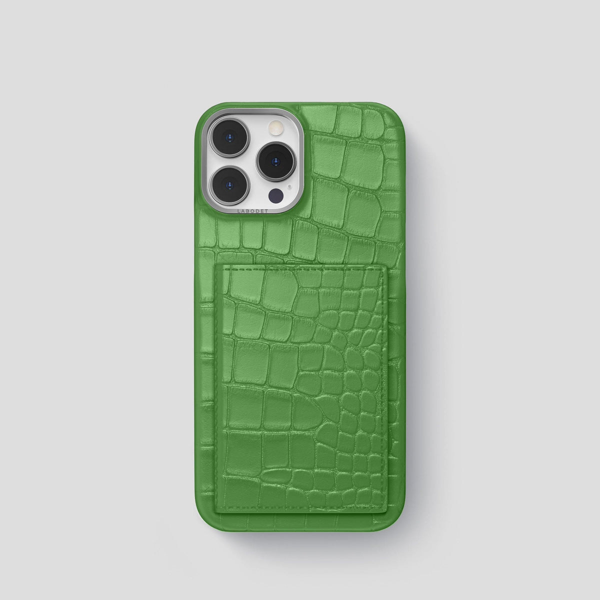 Apple-Green iPhone 15 Pro Bi-Fold Case Alligator with Steel Metal -2 | Apple-Green-Steel