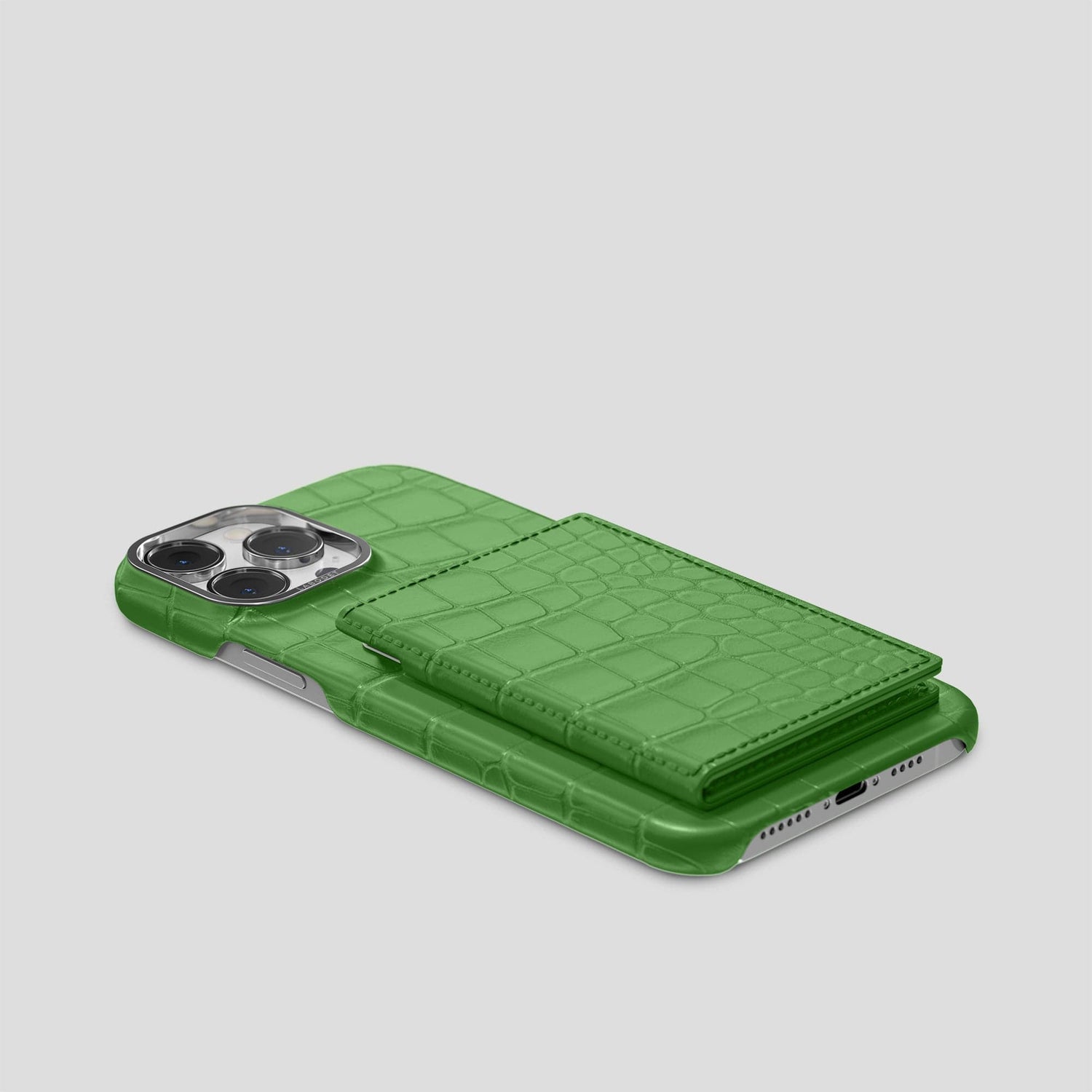 Apple-Green iPhone 15 Pro Bi-Fold Case Alligator with Steel Metal -4 | Apple-Green-Steel