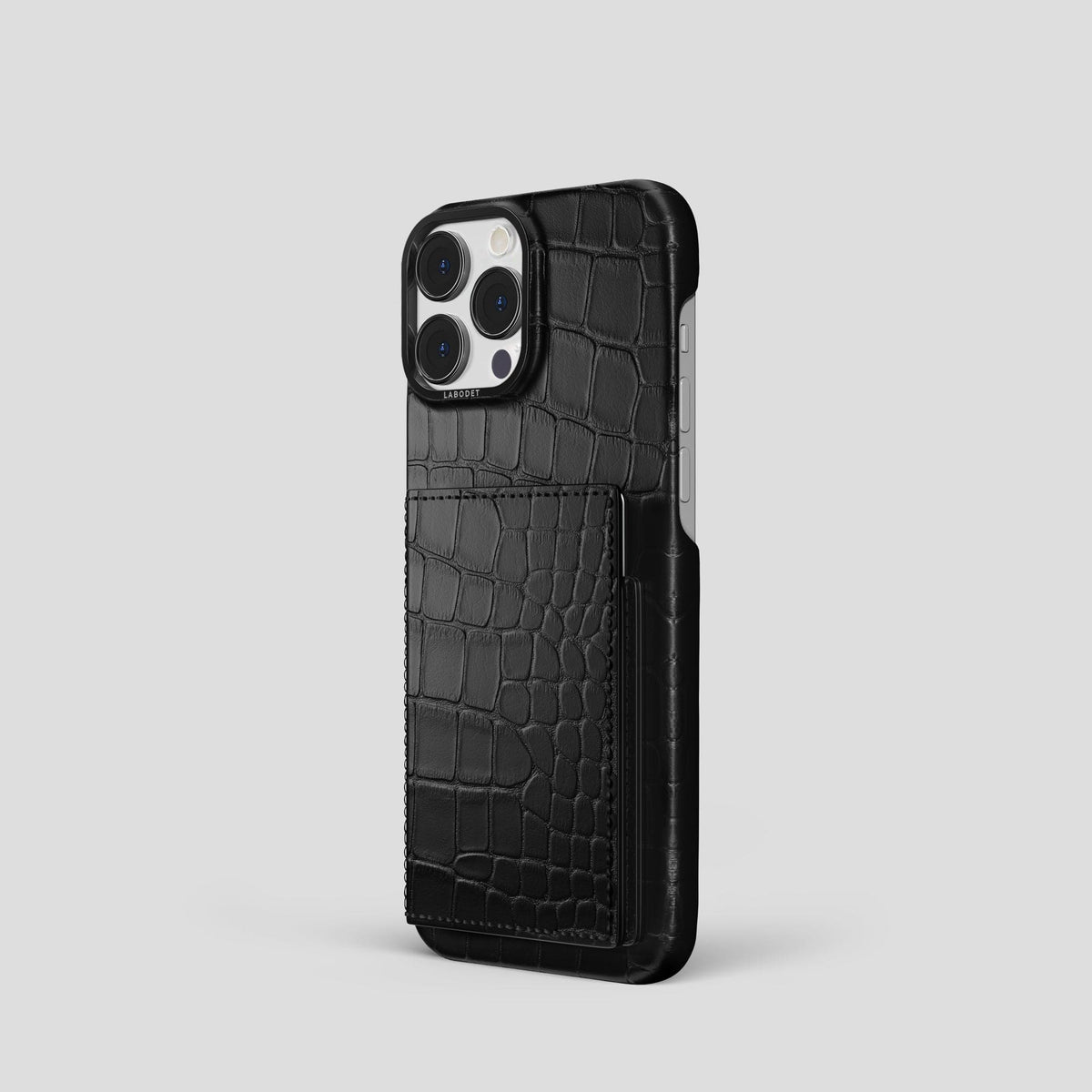 Black iPhone 15 Pro Bi-Fold Case Alligator with Black Metal -1 | Black-Black