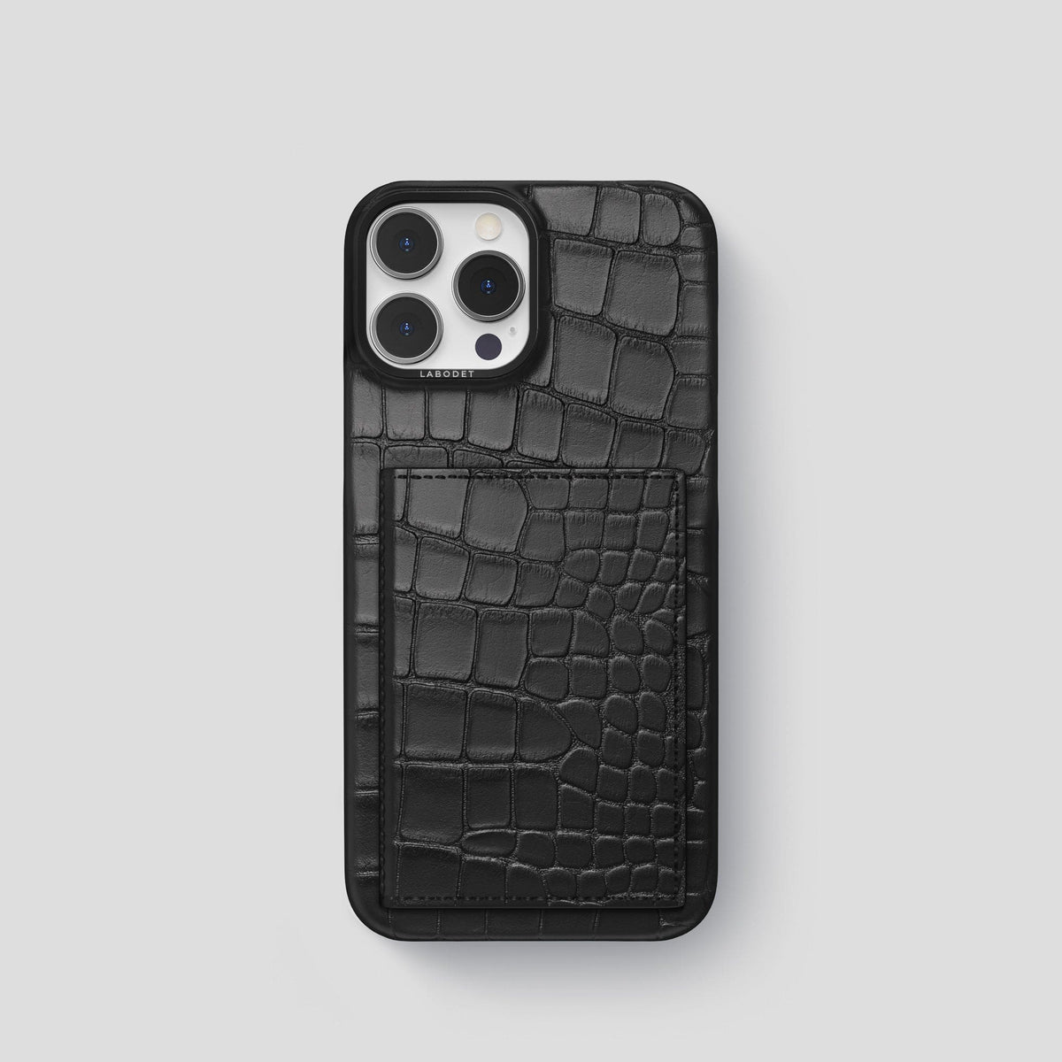 Black iPhone 15 Pro Bi-Fold Case Alligator with Black Metal -2 | Black-Black
