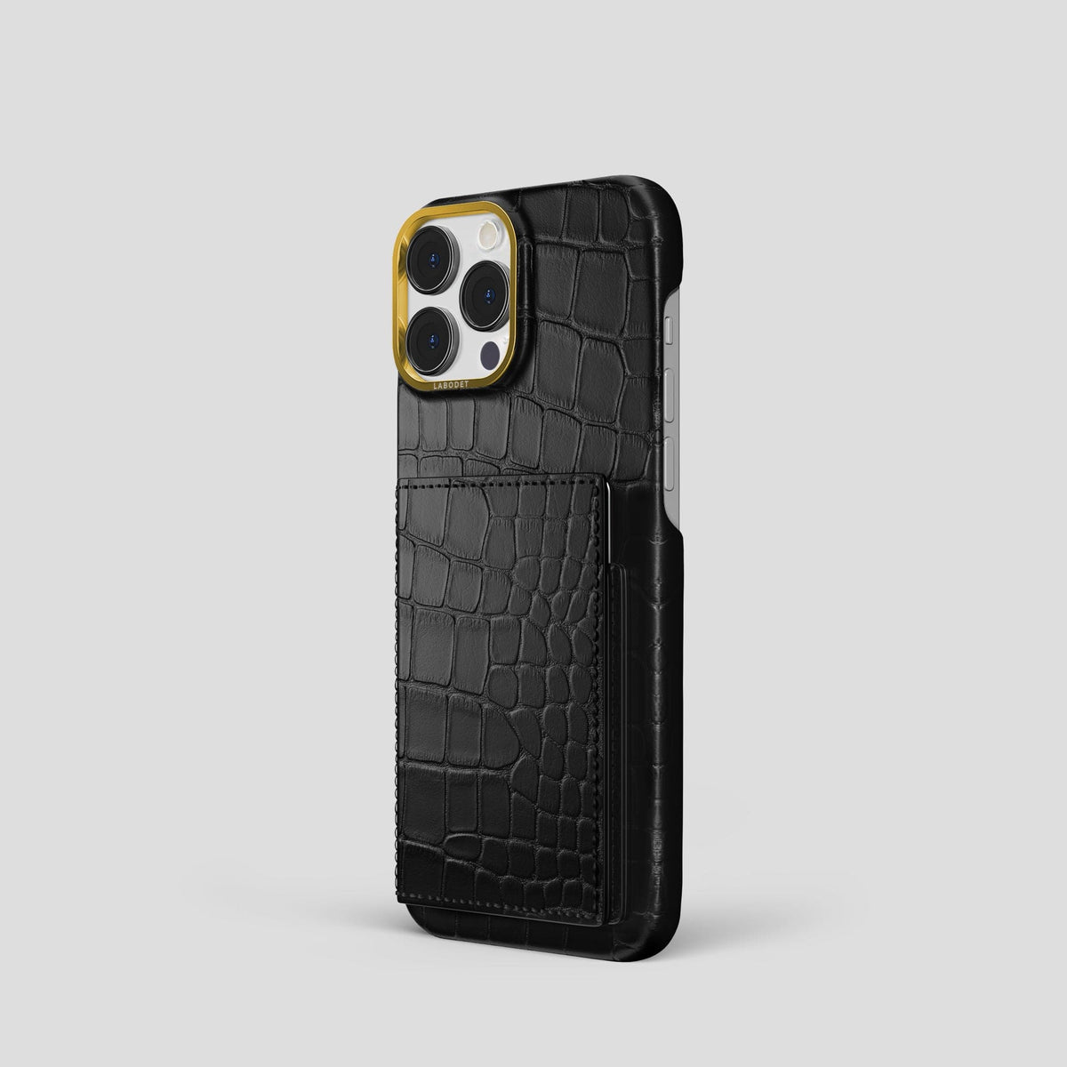 Black iPhone 15 Pro Bi-Fold Case Alligator with Gold Metal -1 | Black-Gold