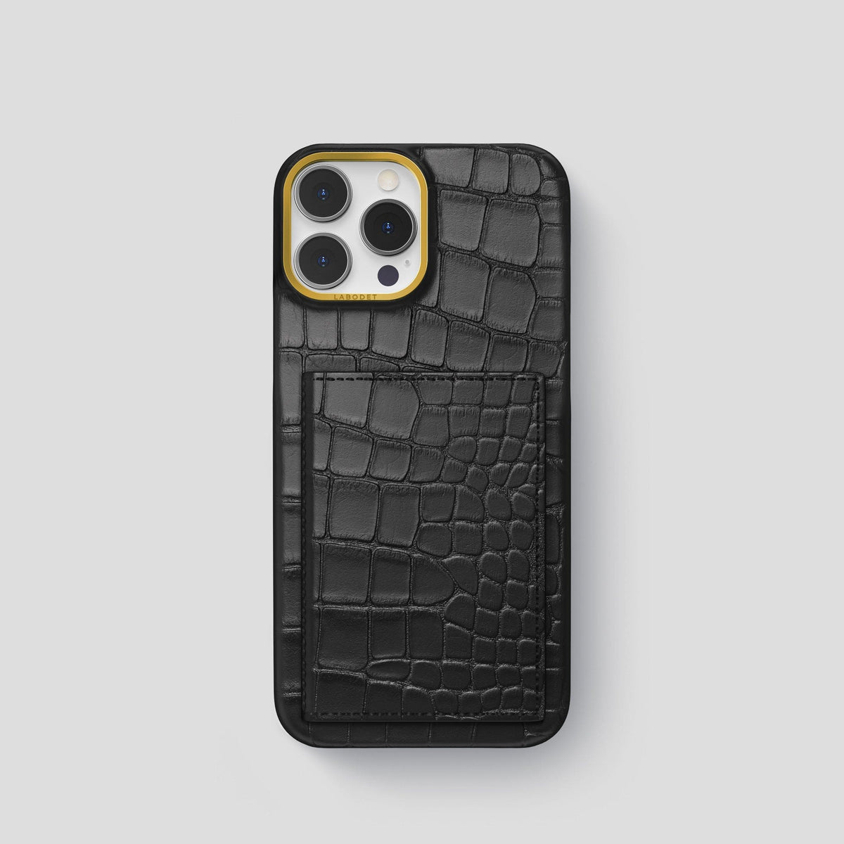 Black iPhone 15 Pro Bi-Fold Case Alligator with Gold Metal -2 | Black-Gold