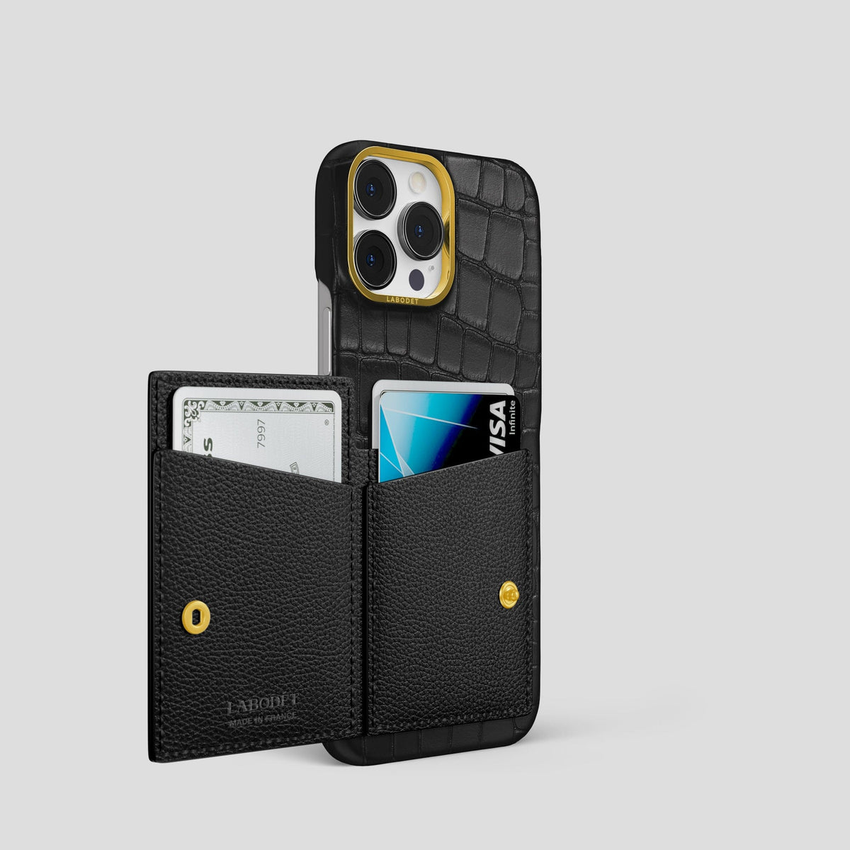 Black iPhone 15 Pro Bi-Fold Case Alligator with Gold Metal -3 | Black-Gold