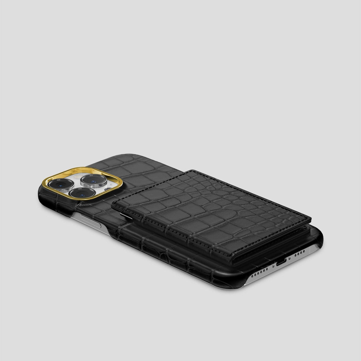 Black iPhone 15 Pro Bi-Fold Case Alligator with Gold Metal -4 | Black-Gold