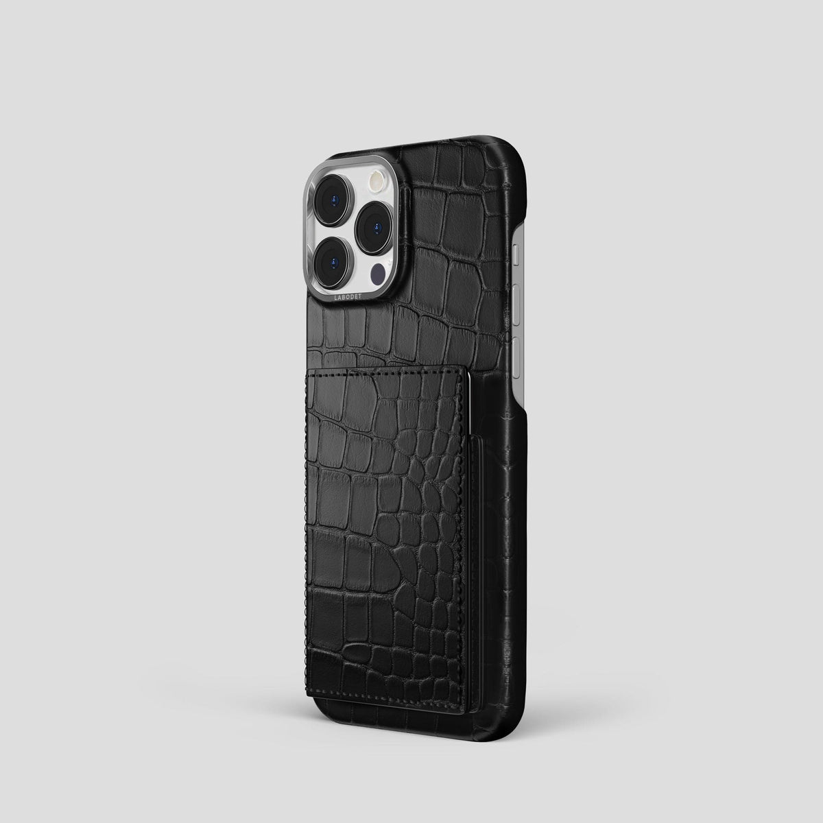 Black iPhone 15 Pro Bi-Fold Case Alligator with Steel Metal -1 | Black-Steel