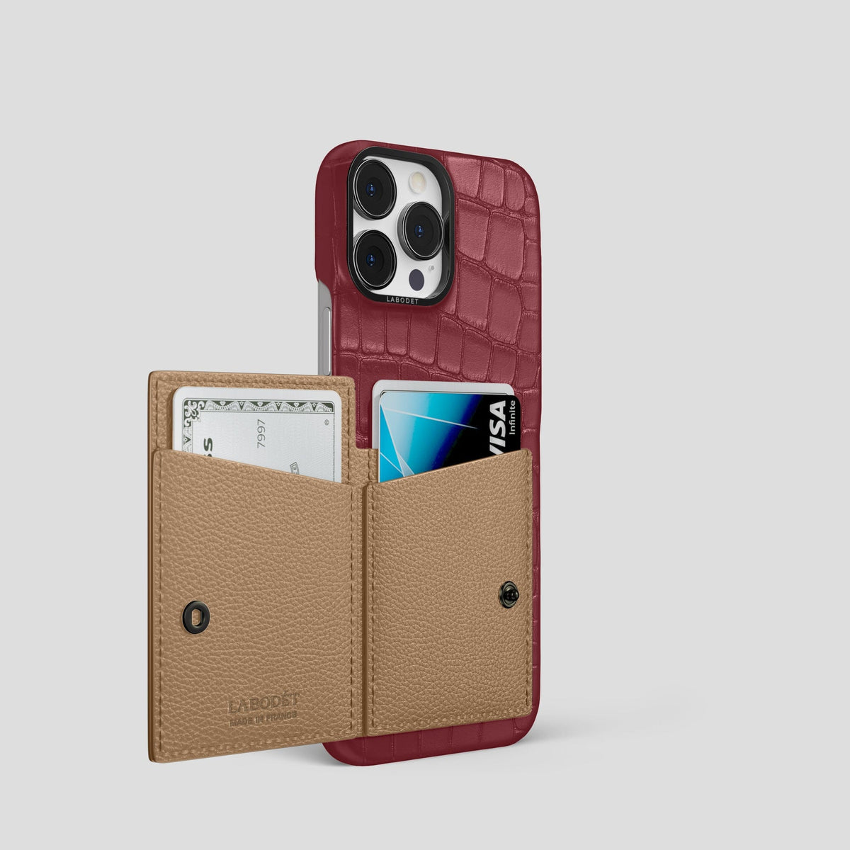 Burgundy iPhone 15 Pro Bi-Fold Case Alligator with Black Metal -3 | Burgundy-Black