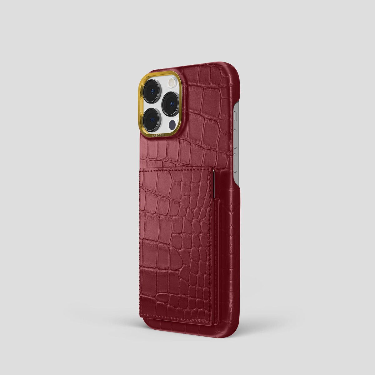 Burgundy iPhone 15 Pro Bi-Fold Case Alligator with Gold Metal -1 | Burgundy-Gold