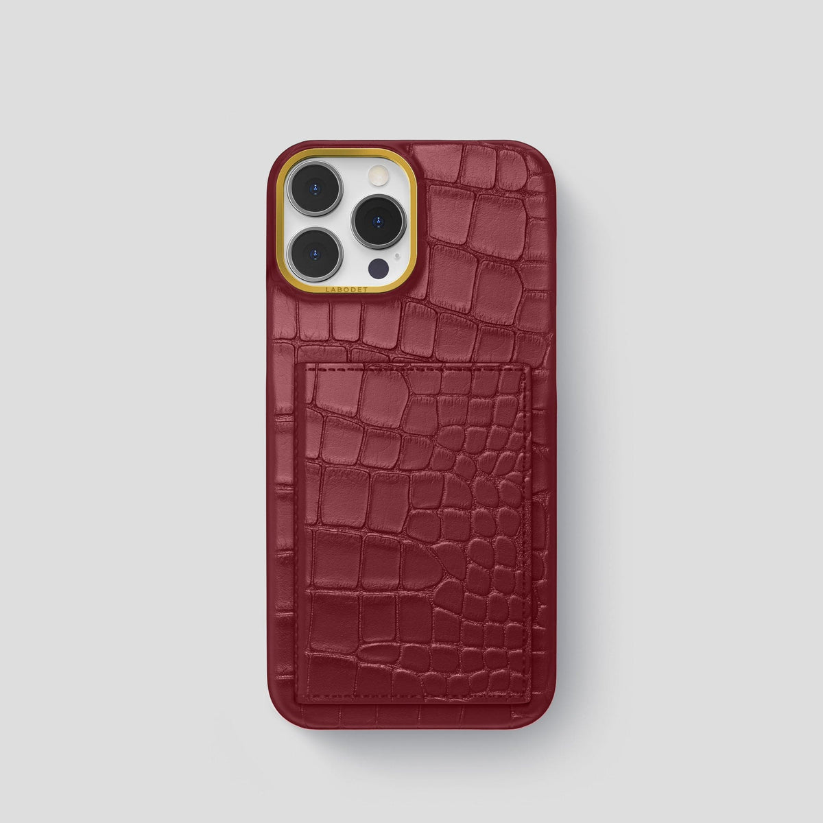 Burgundy iPhone 15 Pro Bi-Fold Case Alligator with Gold Metal -2 | Burgundy-Gold