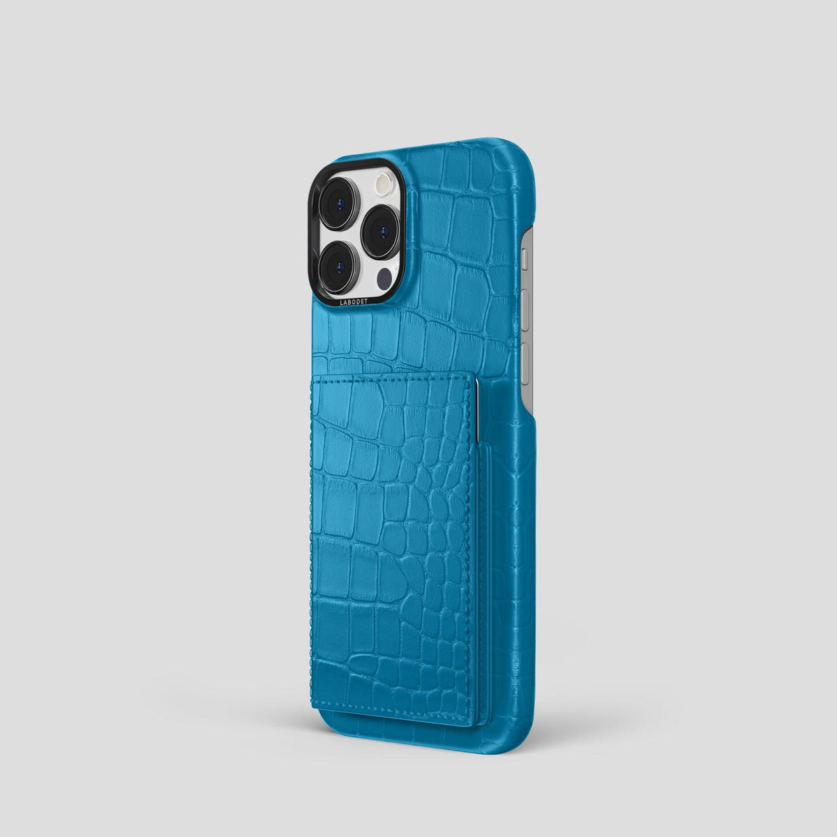 Curaçao-Blue iPhone 15 Pro Bi-Fold Case Alligator with Black Metal -1 | Curaçao-Blue-Black