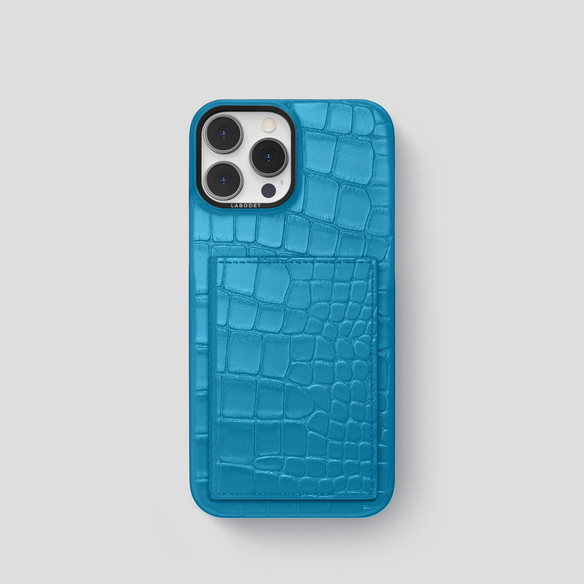Curaçao-Blue iPhone 15 Pro Bi-Fold Case Alligator with Black Metal -2 | Curaçao-Blue-Black