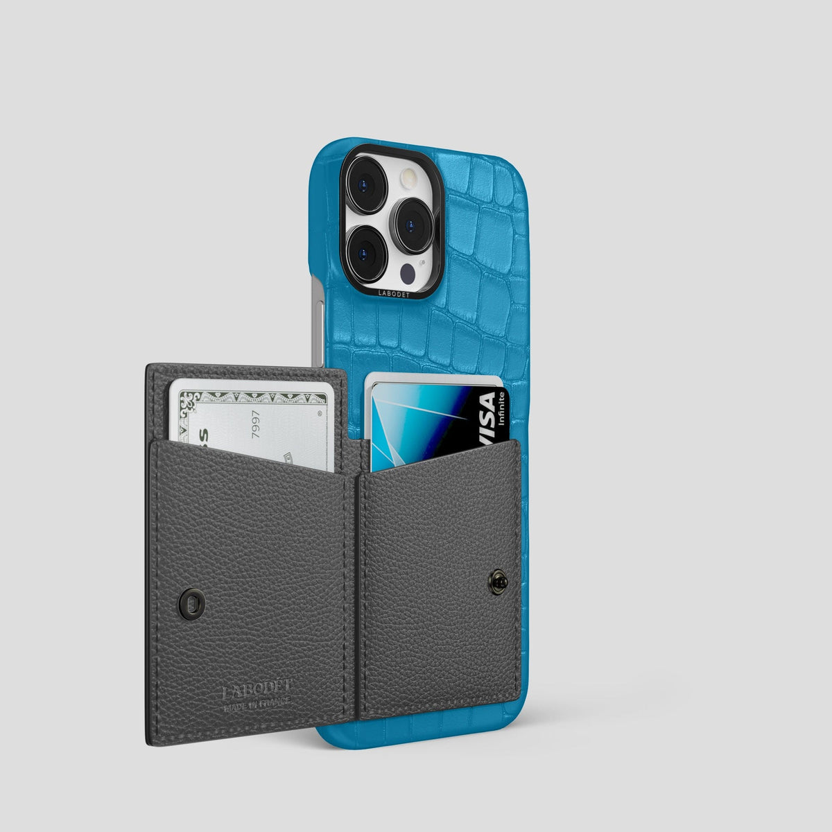 Curaçao-Blue iPhone 15 Pro Bi-Fold Case Alligator with Black Metal -3 | Curaçao-Blue-Black