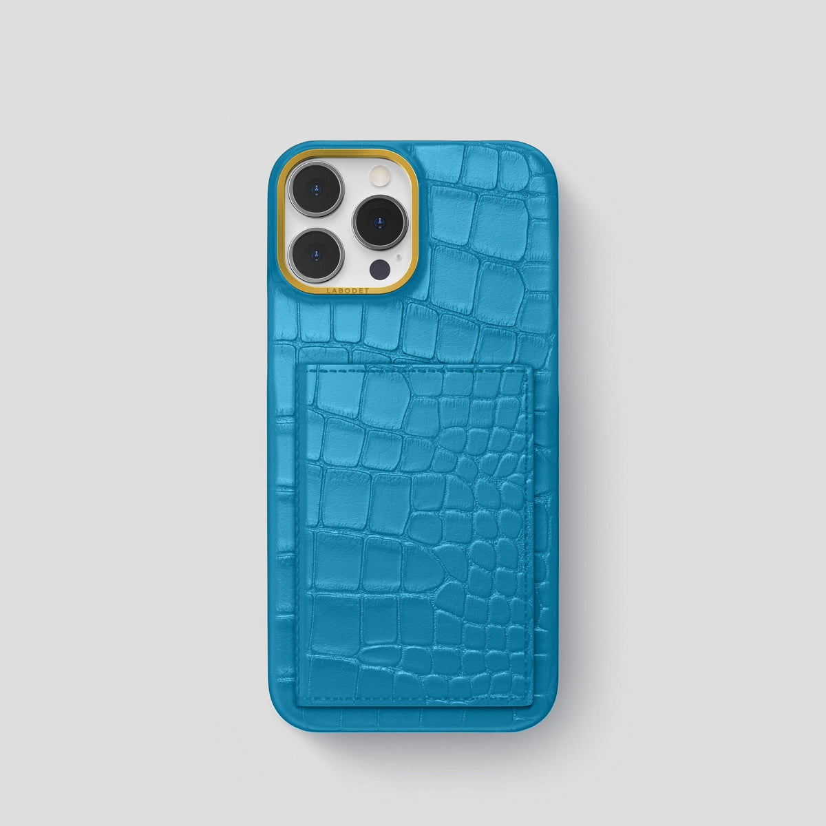 Curaçao-Blue iPhone 15 Pro Bi-Fold Case Alligator with Gold Metal -2 | Curaçao-Blue-Gold