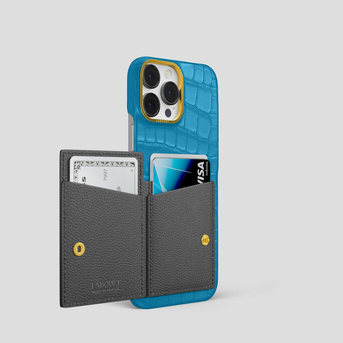 Curaçao-Blue iPhone 15 Pro Bi-Fold Case Alligator with Gold Metal -3 | Curaçao-Blue-Gold