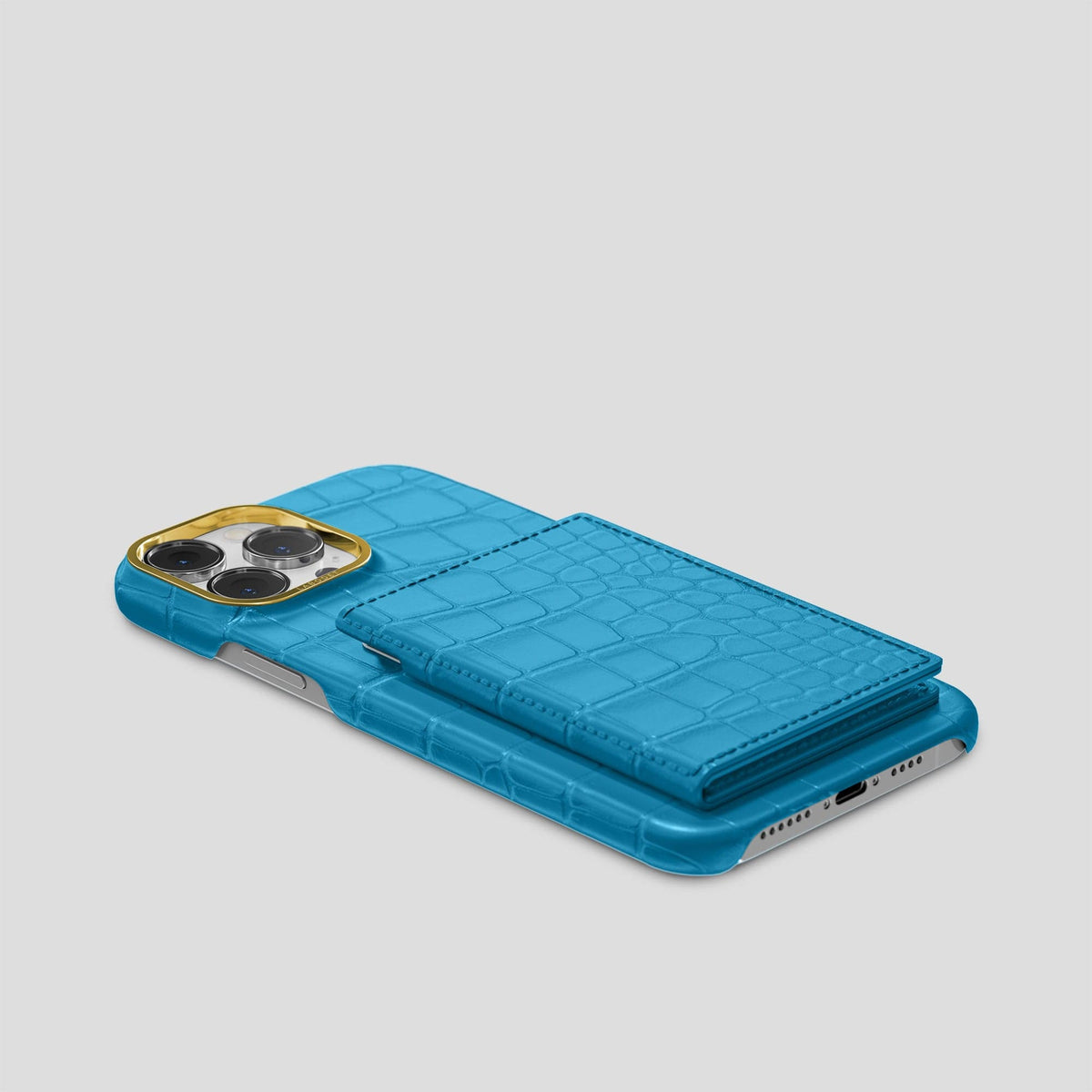 Curaçao-Blue iPhone 15 Pro Bi-Fold Case Alligator with Gold Metal -4 | Curaçao-Blue-Gold