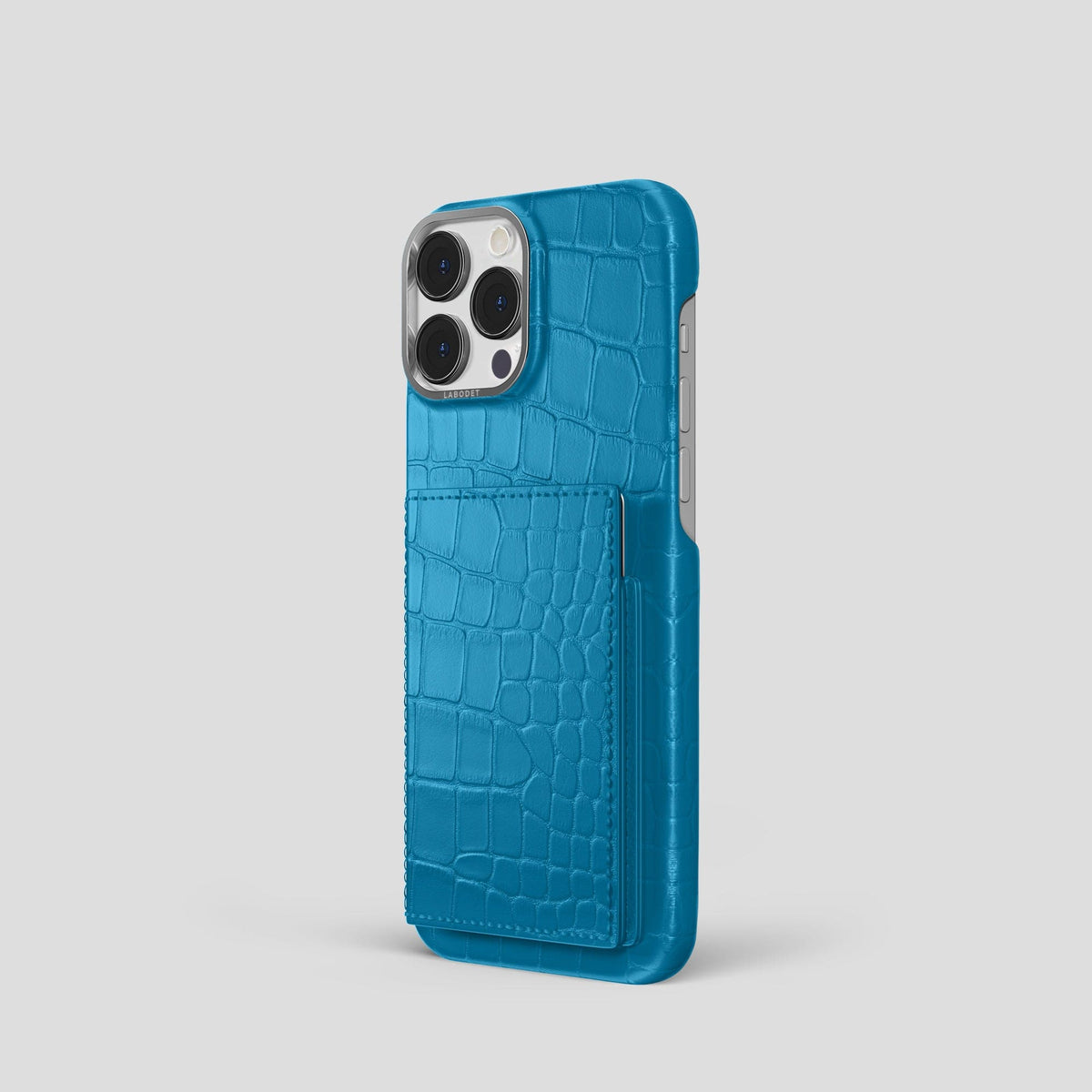 Curaçao-Blue iPhone 15 Pro Bi-Fold Case Alligator with Steel Metal -1 | Curaçao-Blue-Steel