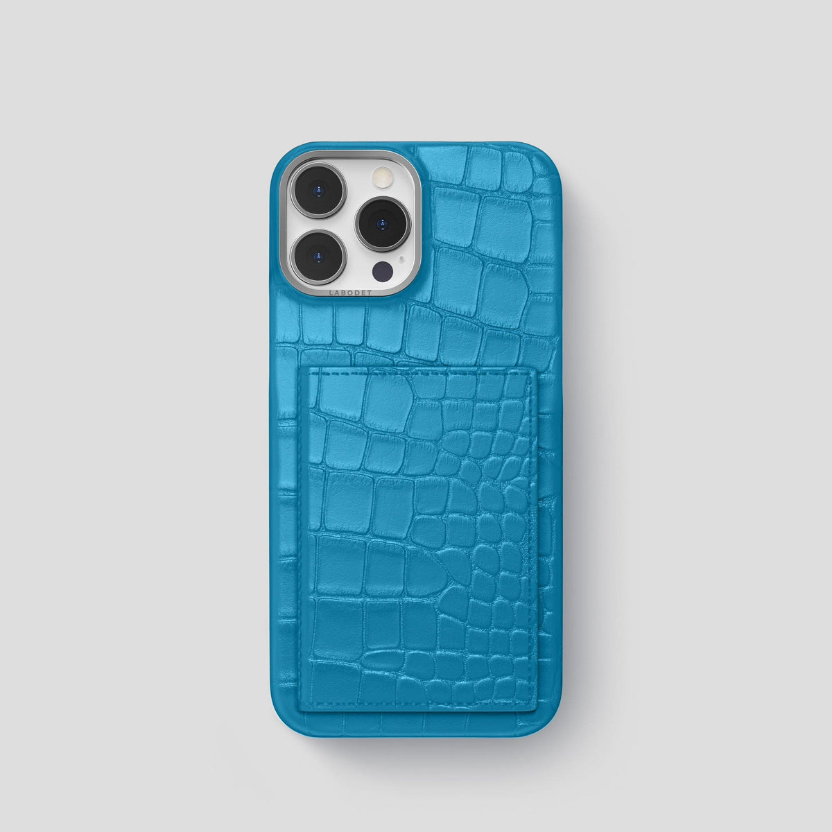 Curaçao-Blue iPhone 15 Pro Bi-Fold Case Alligator with Steel Metal -2 | Curaçao-Blue-Steel