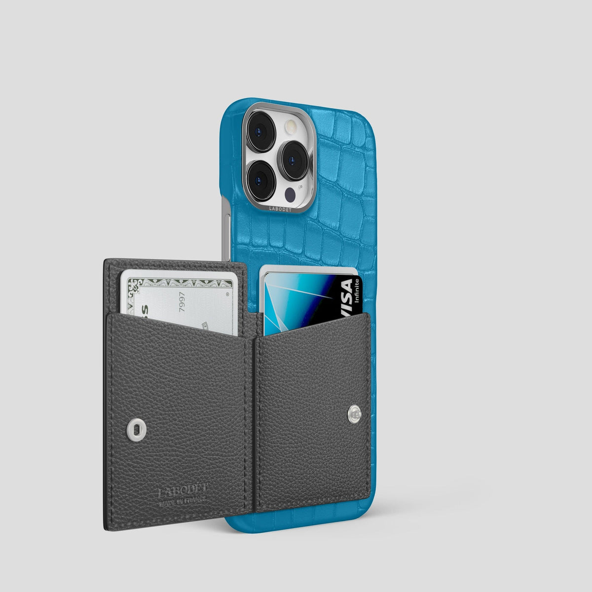 Curaçao-Blue iPhone 15 Pro Bi-Fold Case Alligator with Steel Metal -3 | Curaçao-Blue-Steel