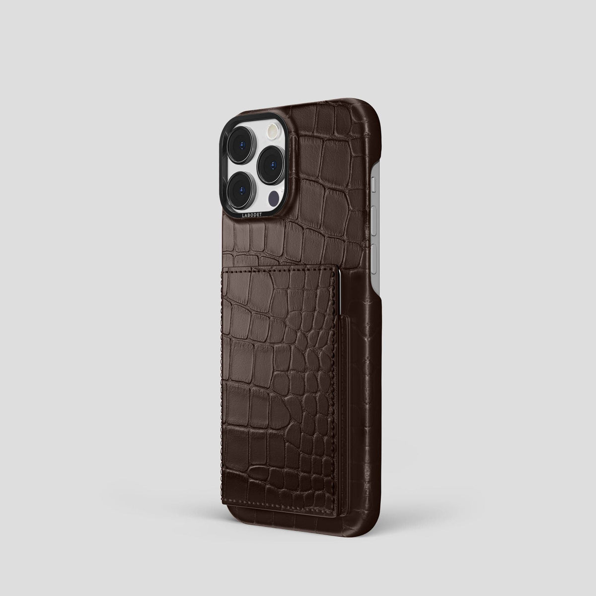 Dark-Brown iPhone 15 Pro Bi-Fold Case Alligator with Black Metal -1 | Dark-Brown-Black