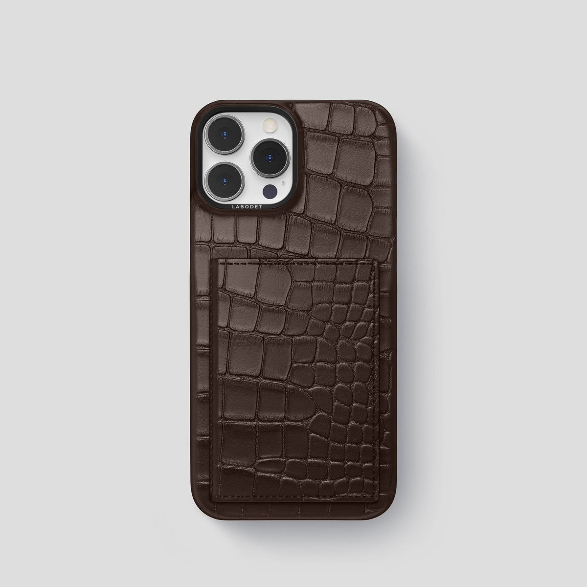 Dark-Brown iPhone 15 Pro Bi-Fold Case Alligator with Black Metal -2 | Dark-Brown-Black