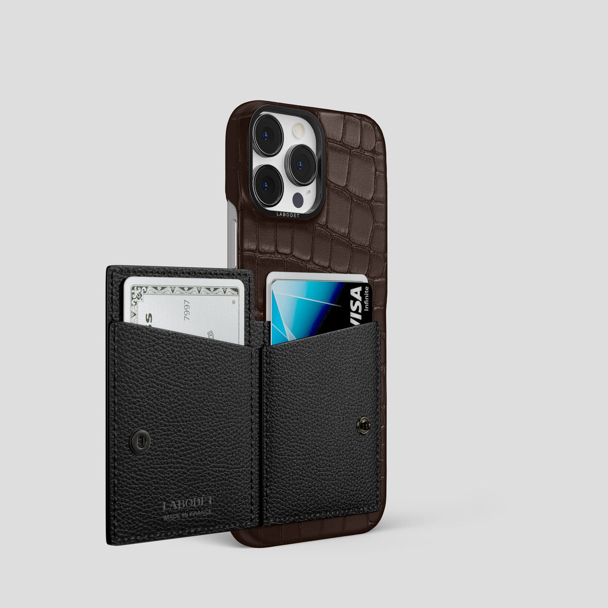 Dark-Brown iPhone 15 Pro Bi-Fold Case Alligator with Black Metal -3 | Dark-Brown-Black