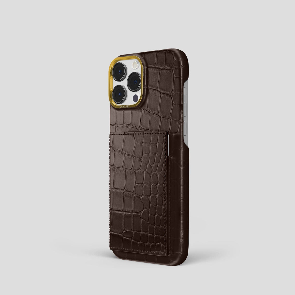 Dark-Brown iPhone 15 Pro Bi-Fold Case Alligator with Gold Metal -1 | Dark-Brown-Gold