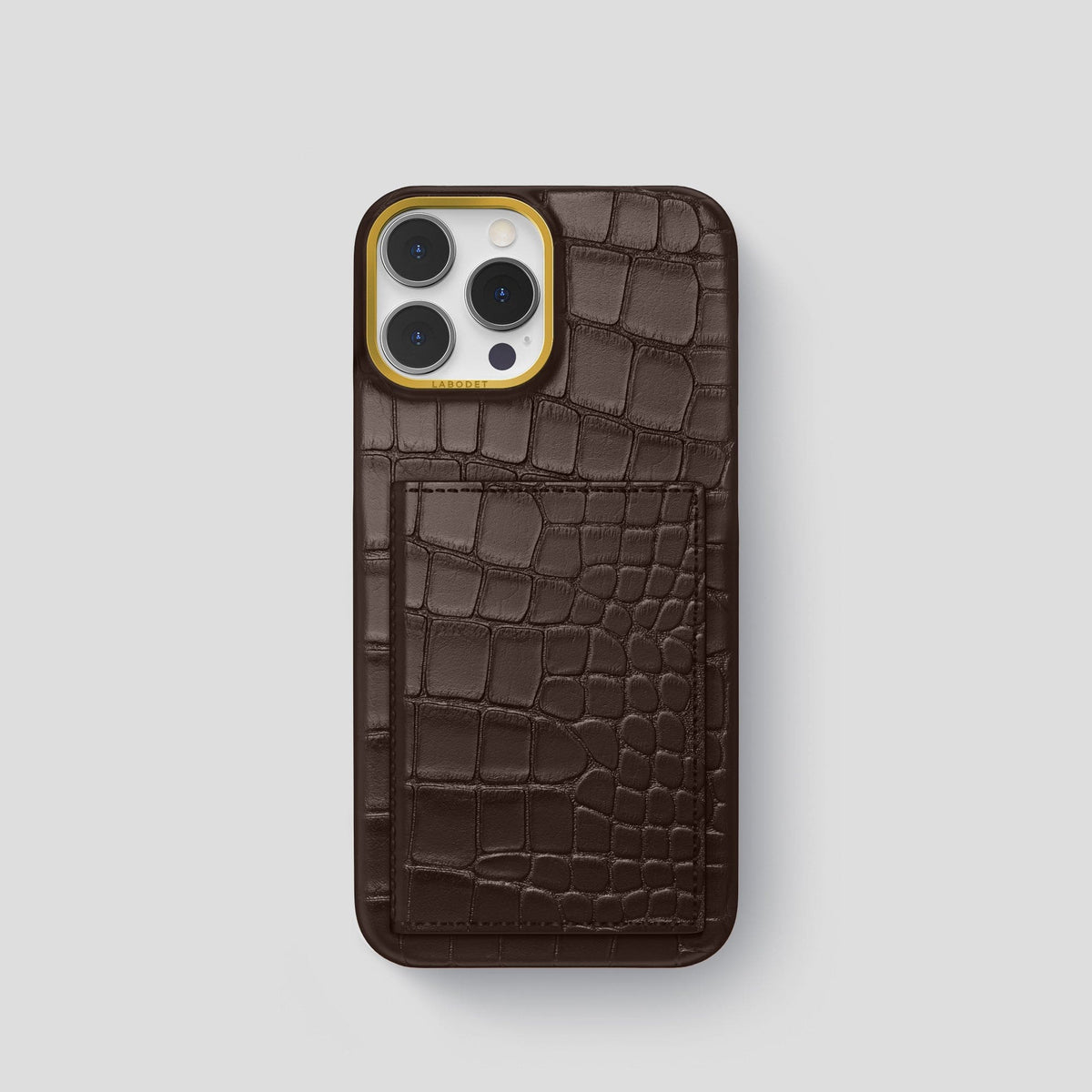 Dark-Brown iPhone 15 Pro Bi-Fold Case Alligator with Gold Metal -2 | Dark-Brown-Gold