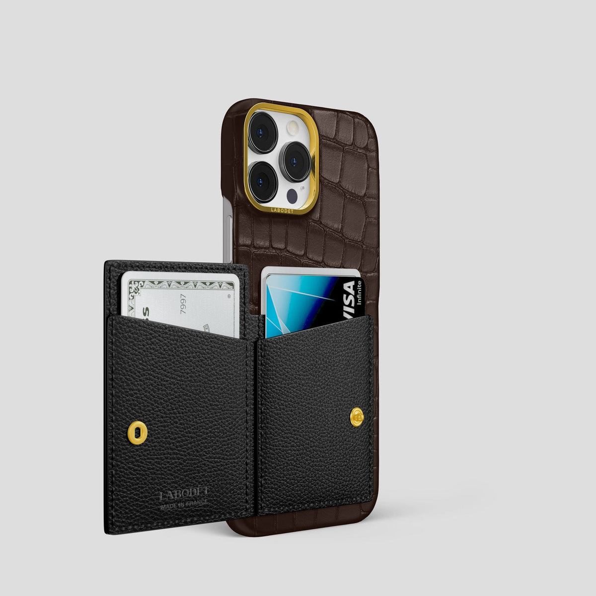 Dark-Brown iPhone 15 Pro Bi-Fold Case Alligator with Gold Metal -3 | Dark-Brown-Gold