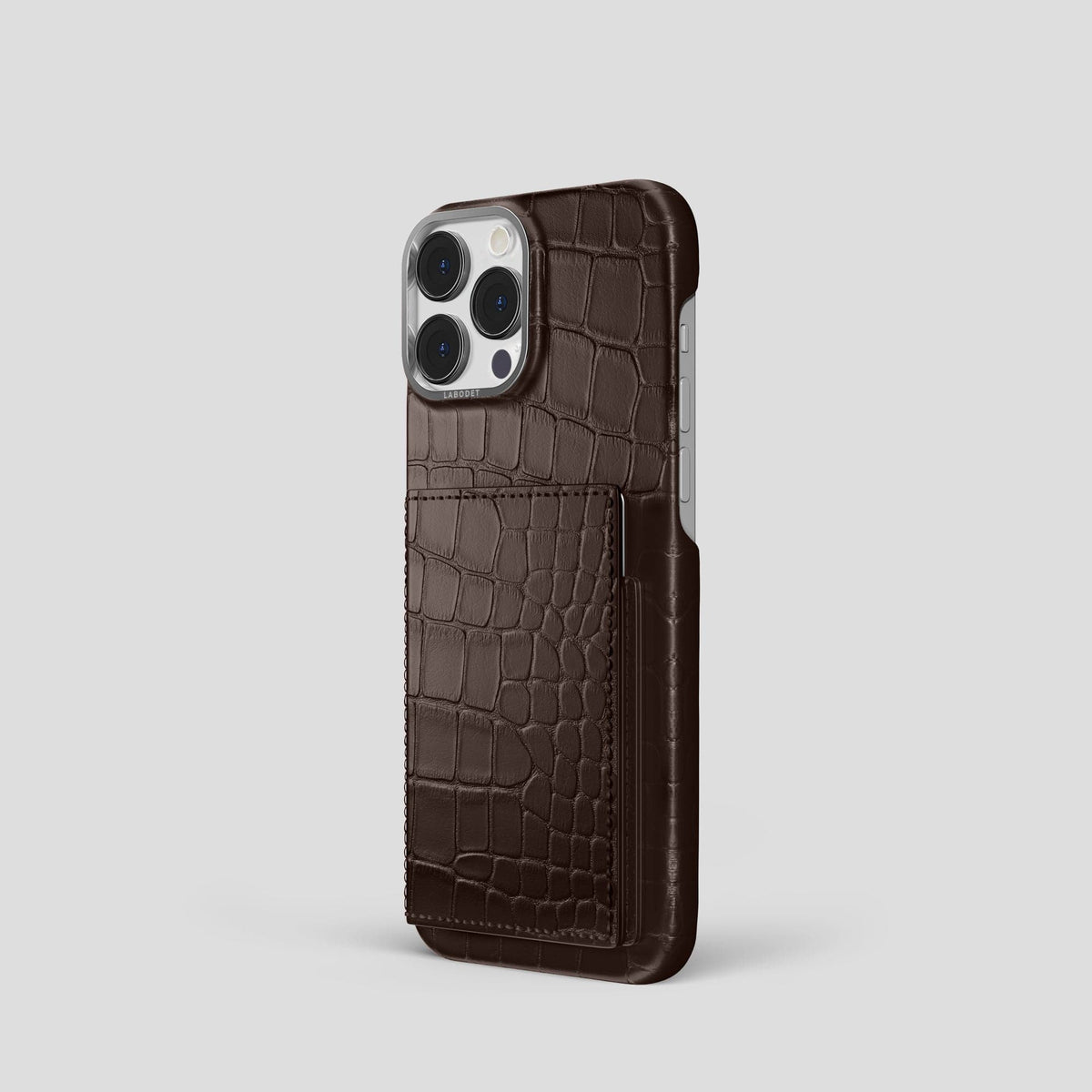 Dark-Brown iPhone 15 Pro Bi-Fold Case Alligator with Steel Metal -1 | Dark-Brown-Steel