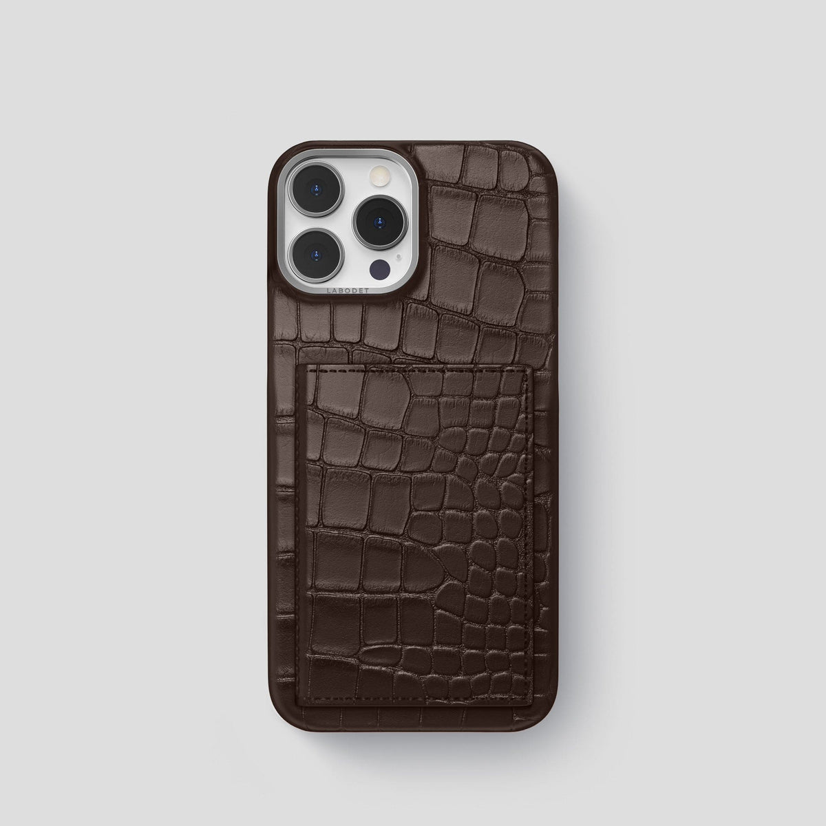 Dark-Brown iPhone 15 Pro Bi-Fold Case Alligator with Steel Metal -2 | Dark-Brown-Steel