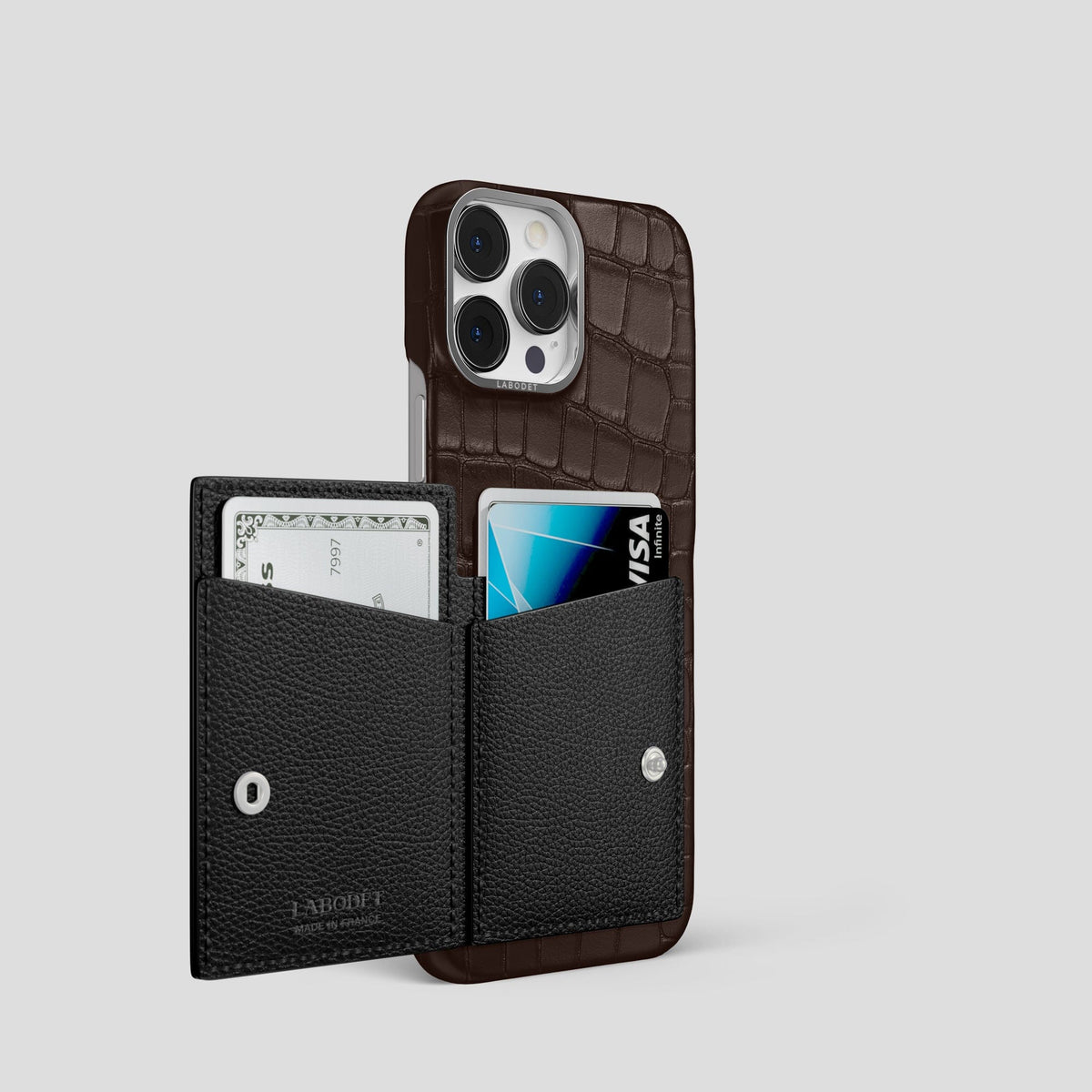 Dark-Brown iPhone 15 Pro Bi-Fold Case Alligator with Steel Metal -3 | Dark-Brown-Steel