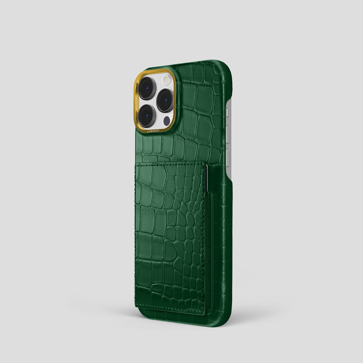 Forest-Green iPhone 15 Pro Bi-Fold Case Alligator with Gold Metal -1 | Forest-Green-Gold